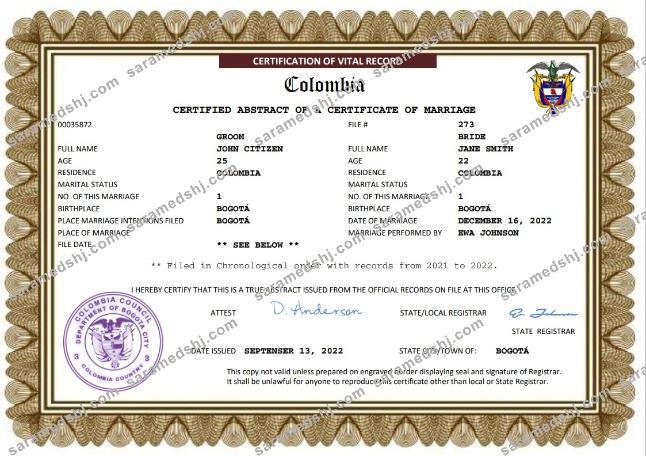 Colombia marriage certificate Word and PDF template